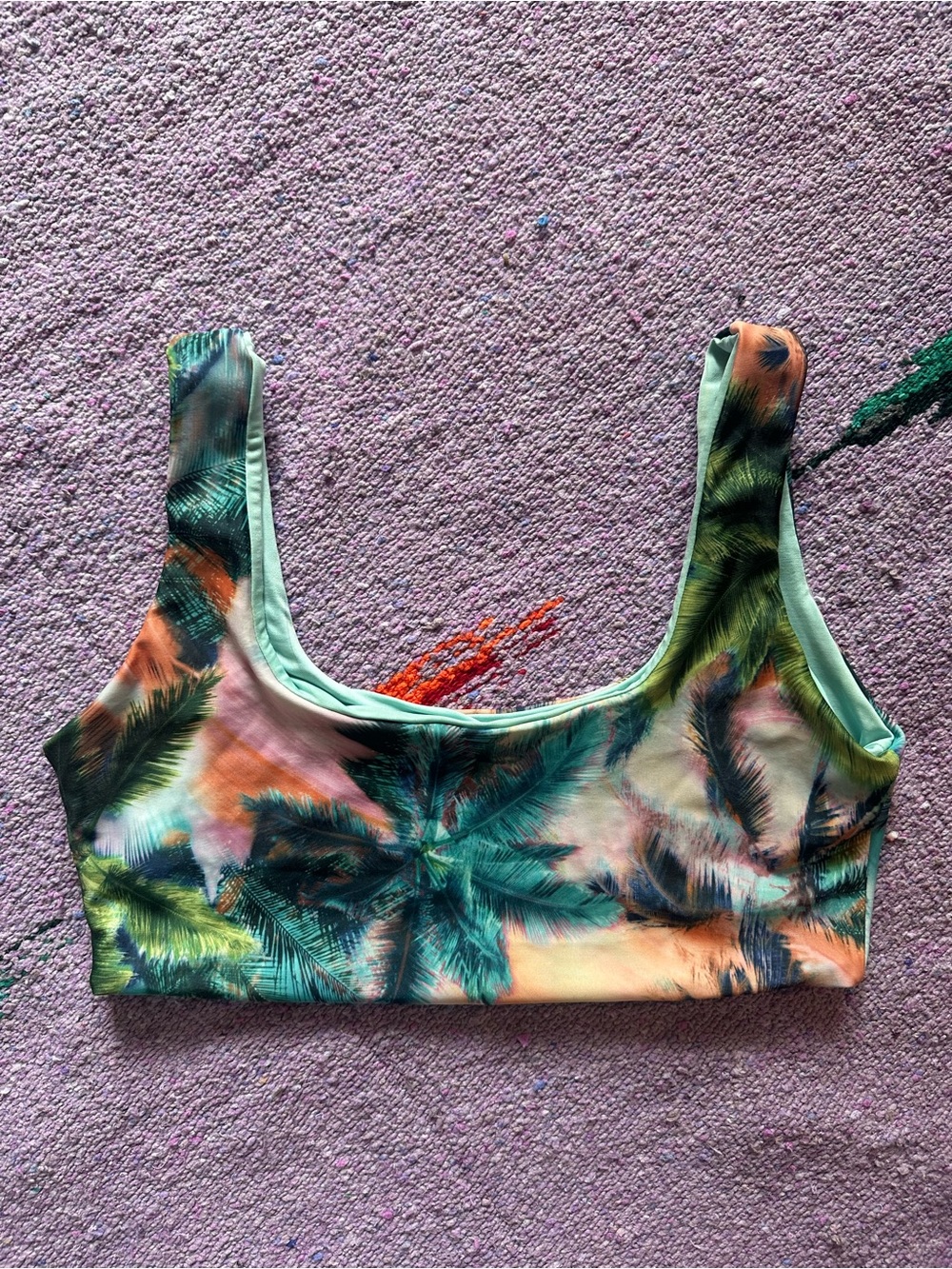 Reversible Stone Fox Swim Palm Print Scoop Neck Bikini Top m
